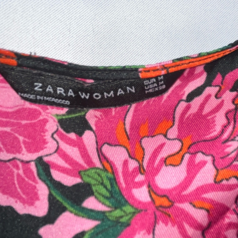 Zara Black Floral V Neck Short Sleeve Mini Dress Side Zip Pink Orange Size Med - Picture 4 of 9